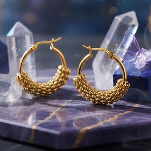 Boho Chic Textured Hoop Minimalist Earrings 18K Gold Plated Stainless Steel